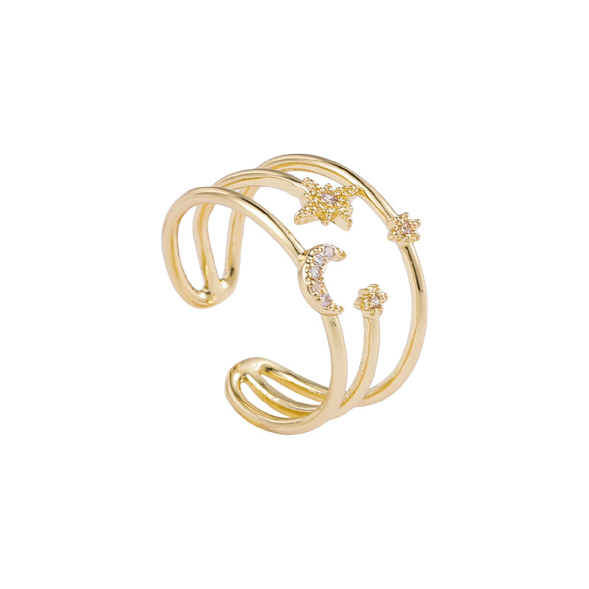 Cubic Zirconia and 18K Gold-Plated Celestial Layered Open Ring, gold statement rings for women, everyday style, front view