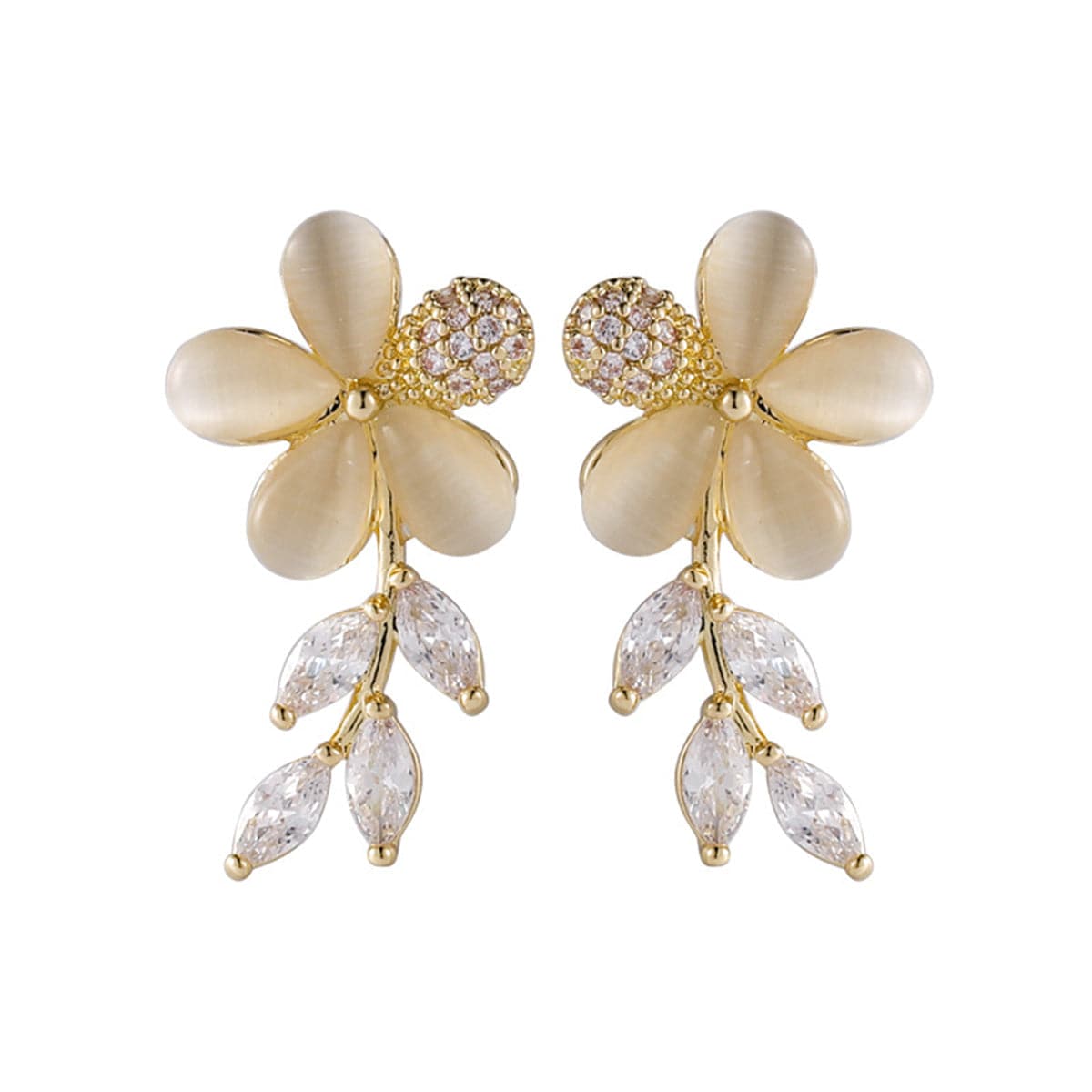 Crystal and Cat's Eye Floral Drop Earrings, drop earrings for women, vintage-inspired design, front view