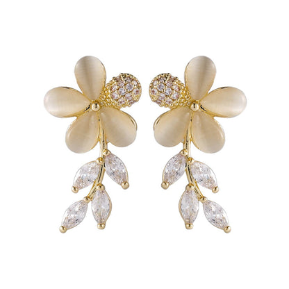 Crystal and Cat's Eye Floral Drop Earrings, drop earrings for women, vintage-inspired design, front view