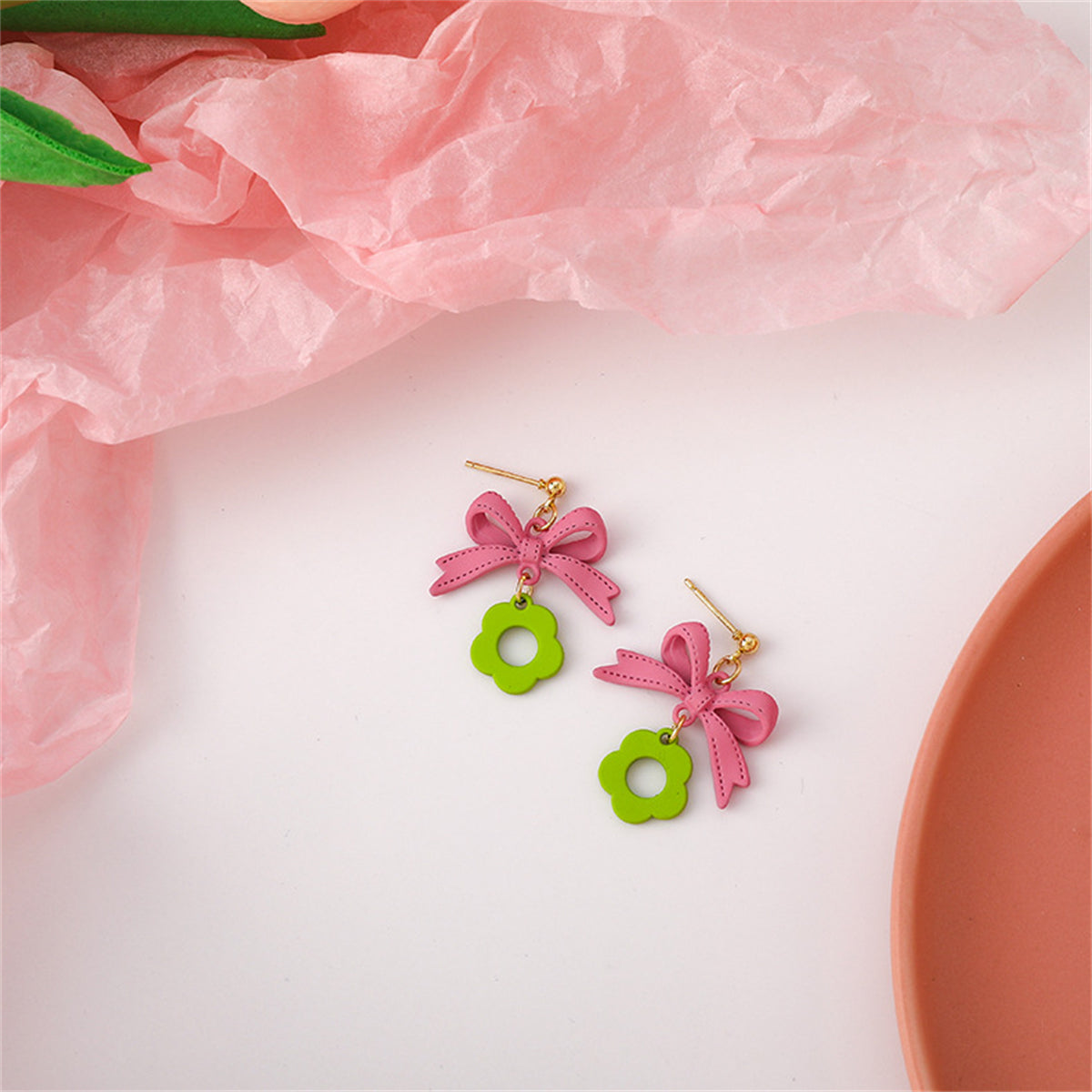 Green Enamel and 18K Gold-Plated Bow and Flower Drop Earrings, gold drop earrings for women, detail close-up