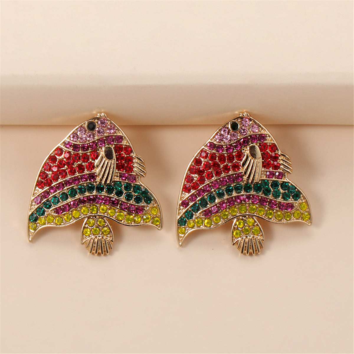 Red & Green Cubic Zirconia Fish Stud Earrings