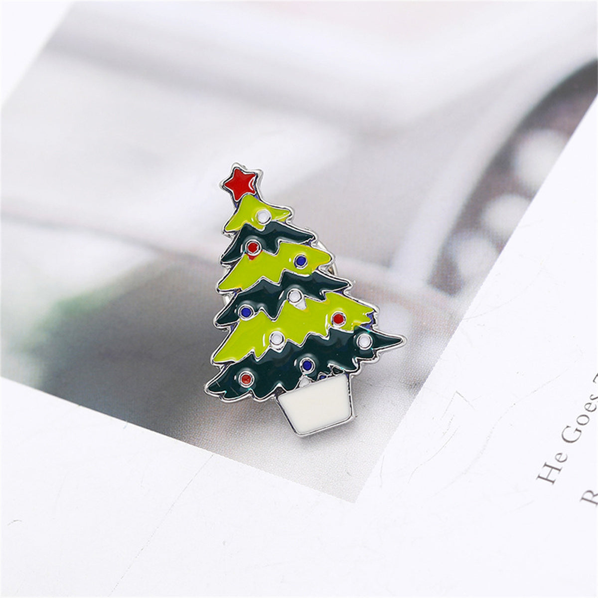 Green and Silver-Plated Christmas Tree Brooch, silver brooch pin, vintage-inspired design, side view