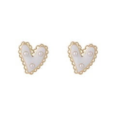 White Enamel & Pearl Floral Heart Stud Earrings