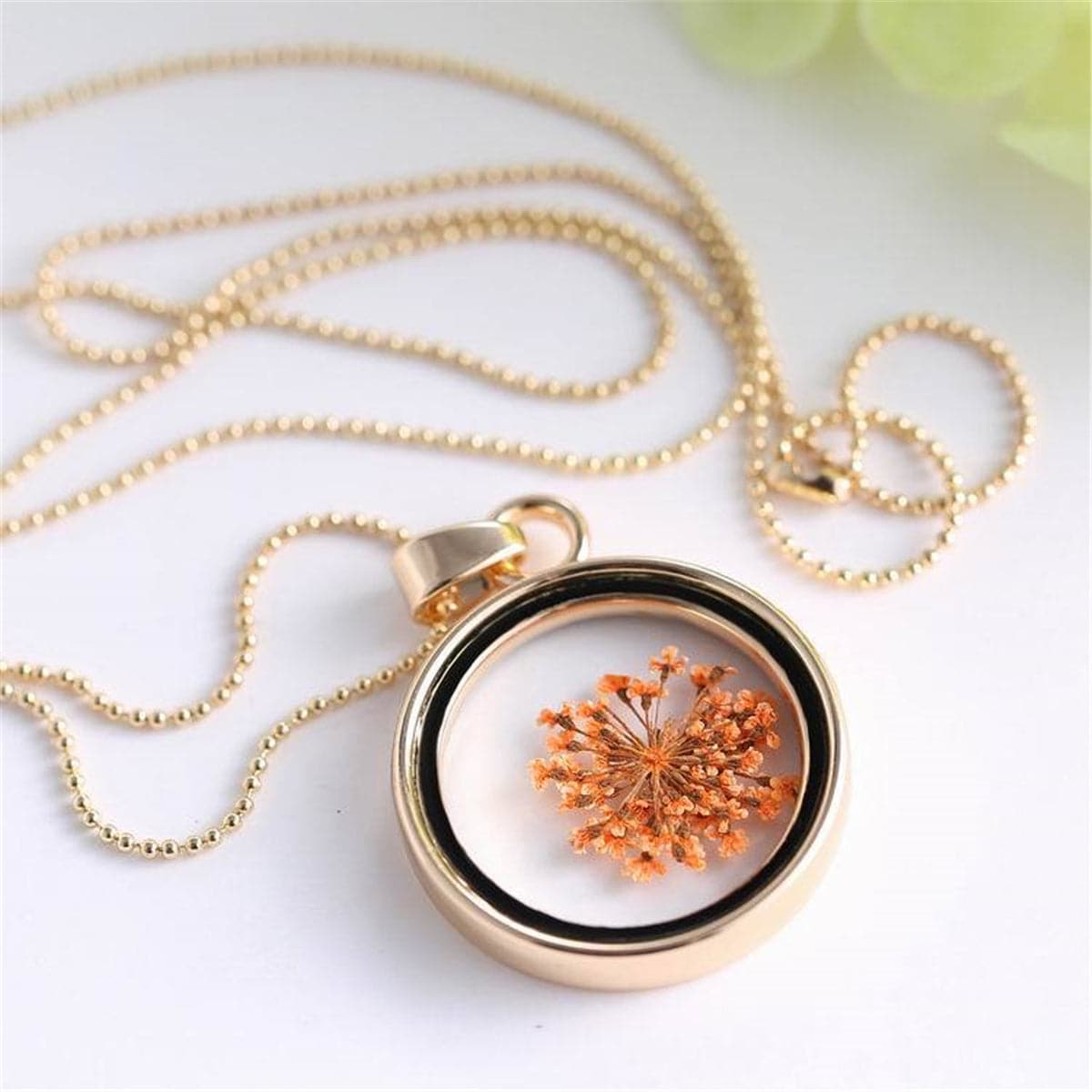 Pink Gypsophila & Resin Round Pendant Necklace