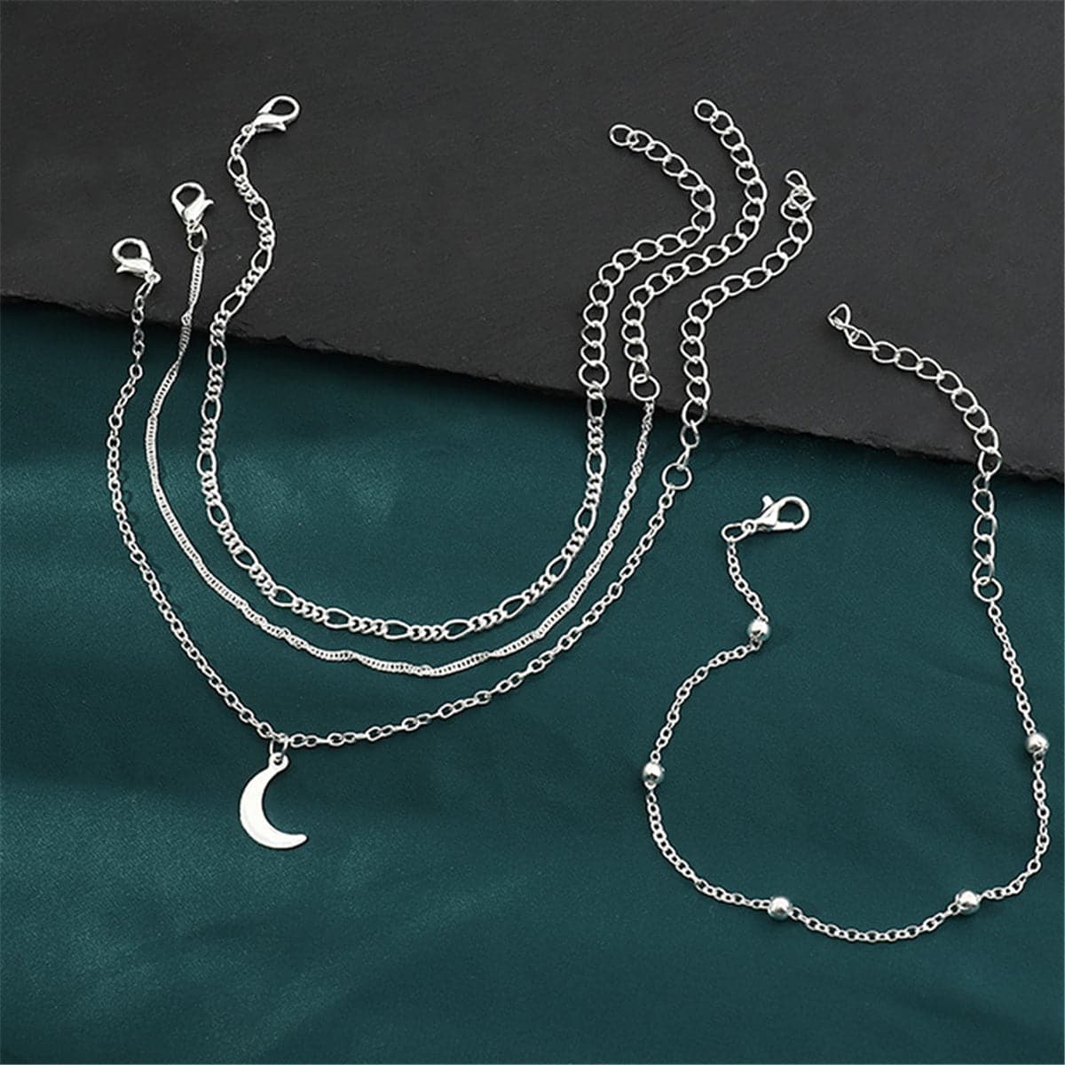 Silver-Plated Moon Charm Anklet Set, jewelry gift sets for women, dainty minimalist design, lifestyle look