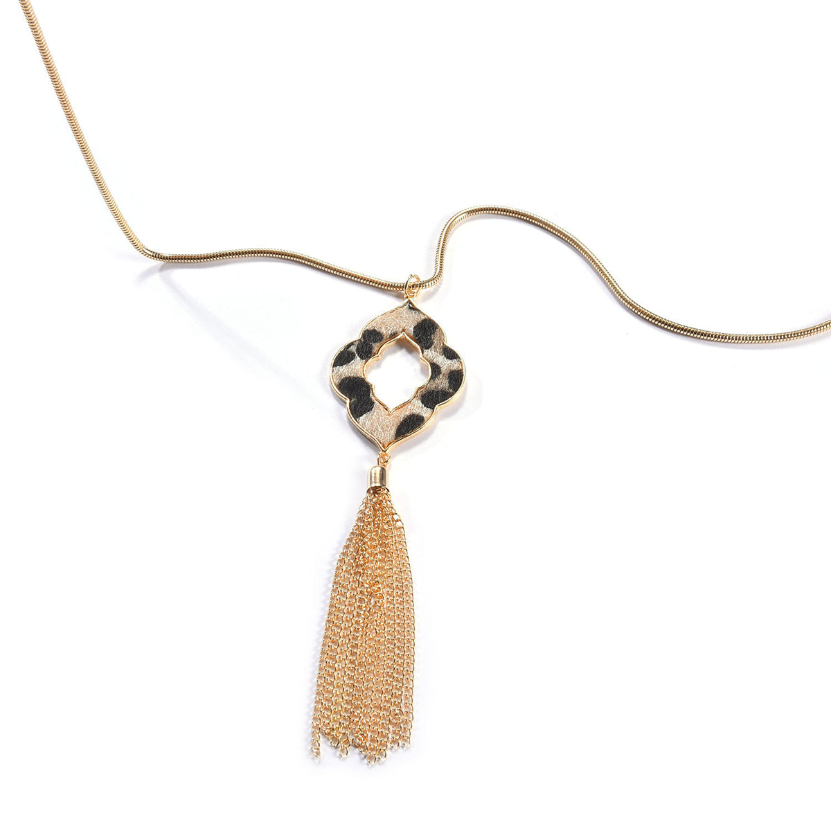 Beige Polyurethane & 18K Gold-Plated Leopard Lattice Tassel Pendant Necklace