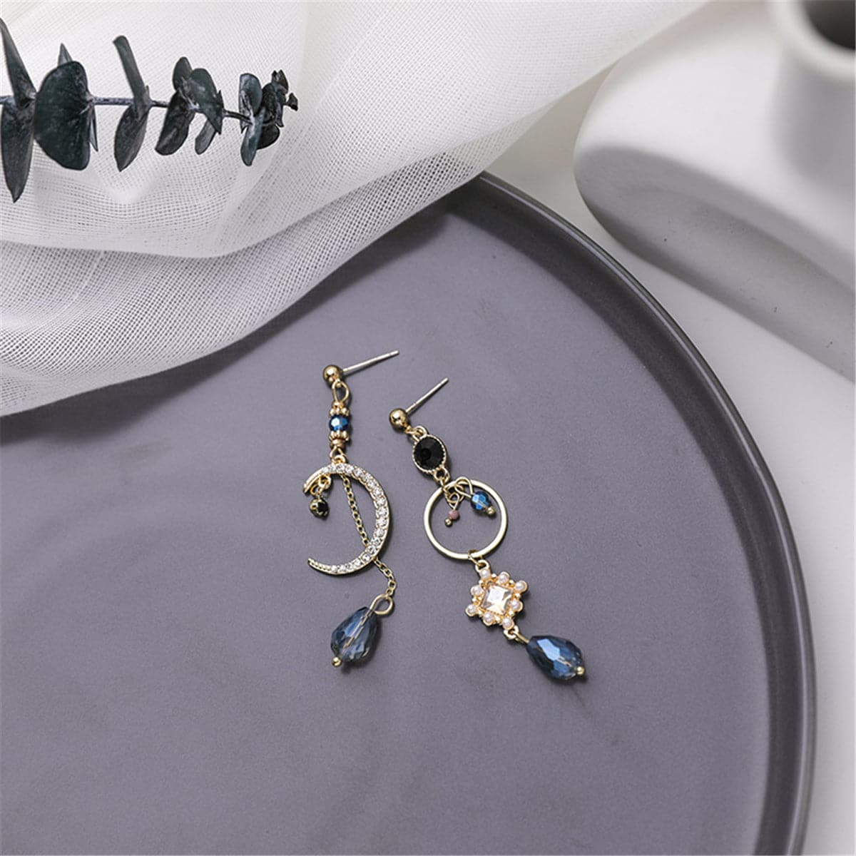 Cubic Zirconia and Crystal Pearl Moon Asymmetrical Drop Earrings, drop earrings for women, lifestyle look