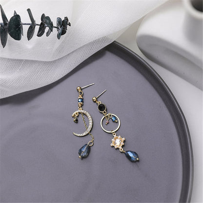 Cubic Zirconia and Crystal Pearl Moon Asymmetrical Drop Earrings, drop earrings for women, lifestyle look