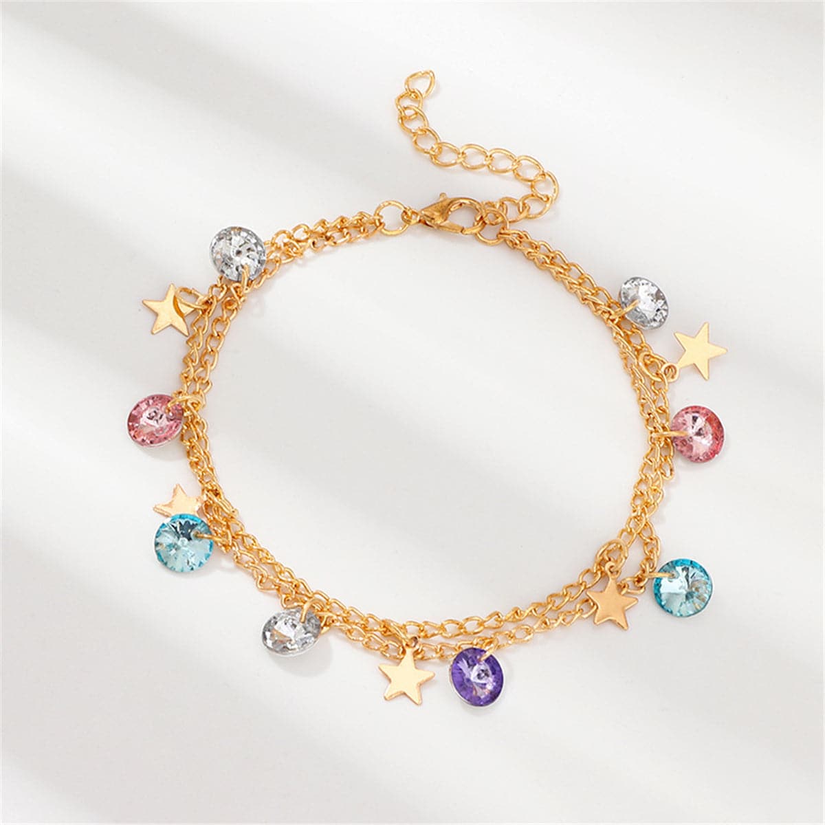Colored Crystal & 18K Gold-Plated Star Layered Station Anklet