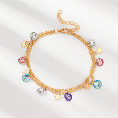 Colored Crystal & 18K Gold-Plated Star Layered Station Anklet