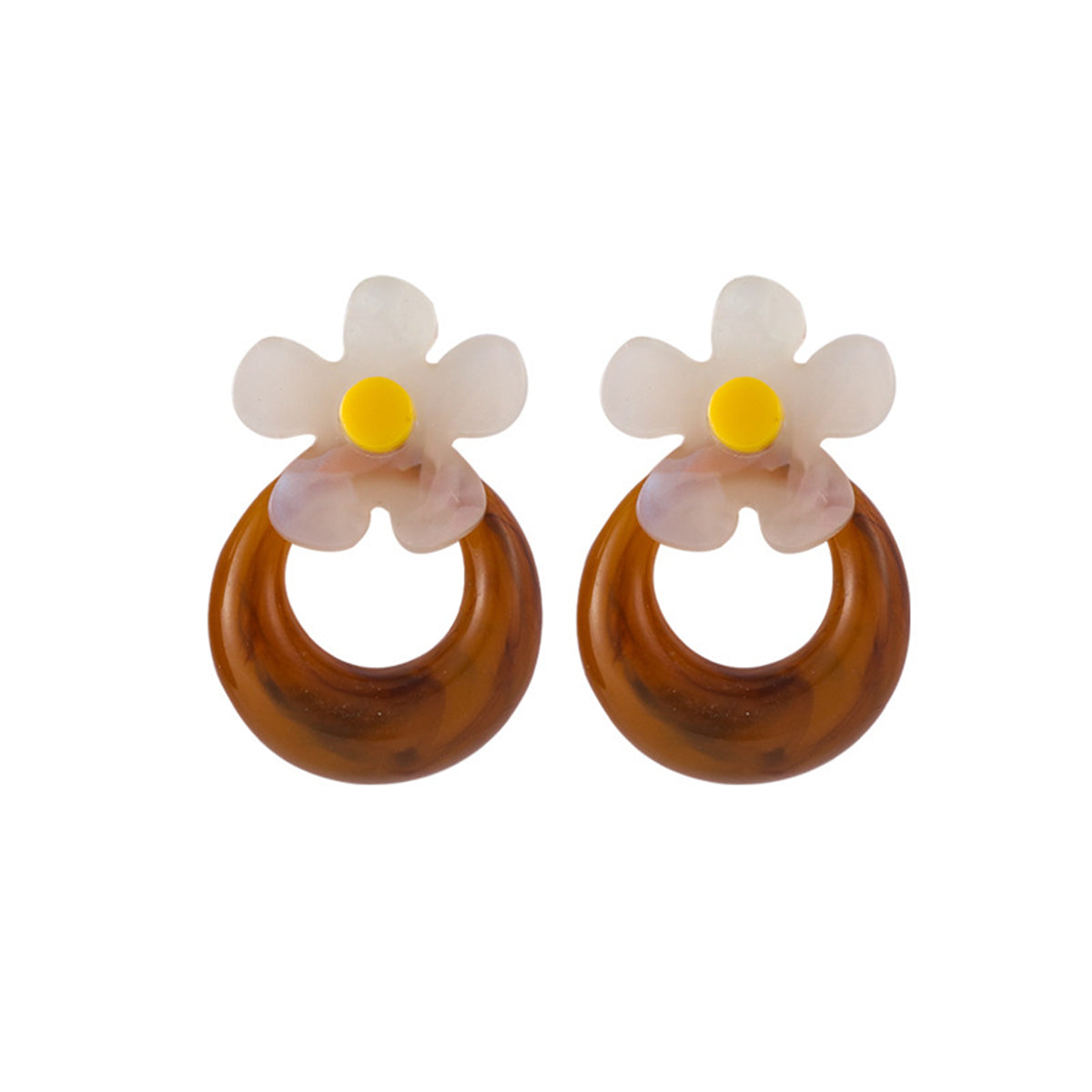 Brown and White Acrylic Floral Hoop Stud Earrings, drop earrings for women, botanical inspired, front view