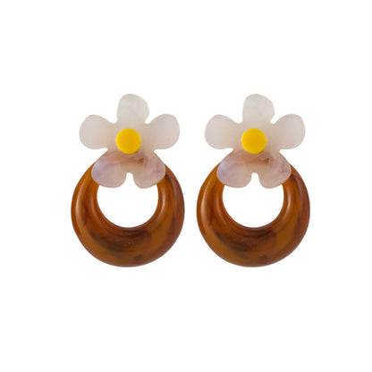 Brown and White Acrylic Floral Hoop Stud Earrings, drop earrings for women, botanical inspired, front view