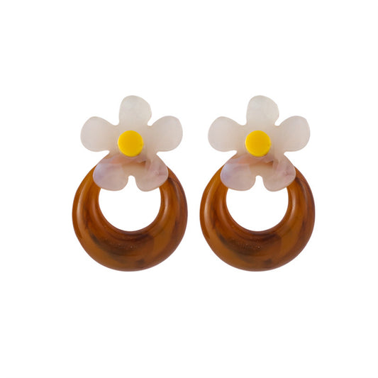 Brown and White Acrylic Floral Hoop Stud Earrings, drop earrings for women, botanical inspired, front view