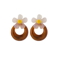 Brown & White Acrylic Floral Hoop Stud Earrings