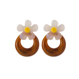 Brown & White Acrylic Floral Hoop Stud Earrings