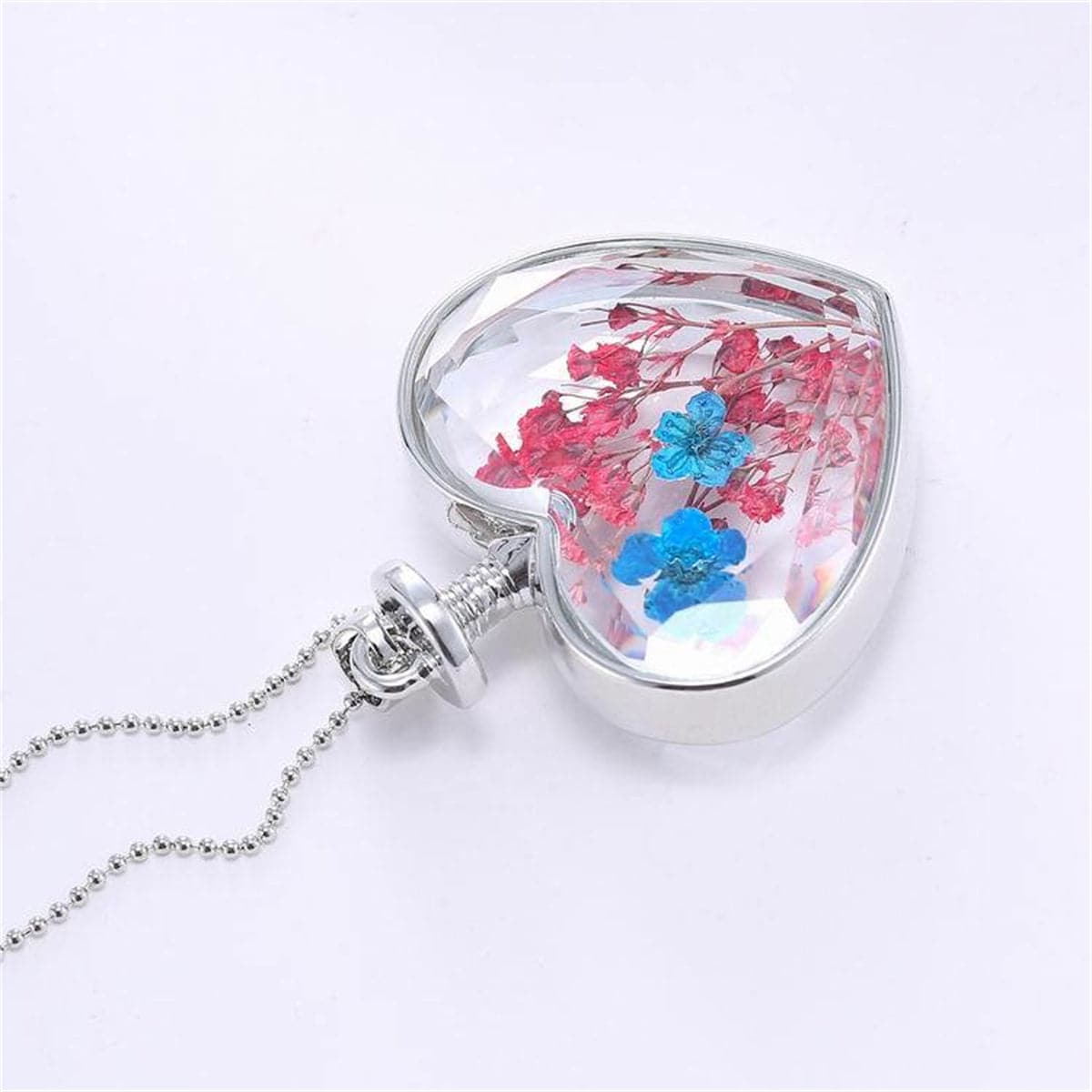 Blue Pressed Peach Blossom & Silver-Plated Heart Pendant Necklace