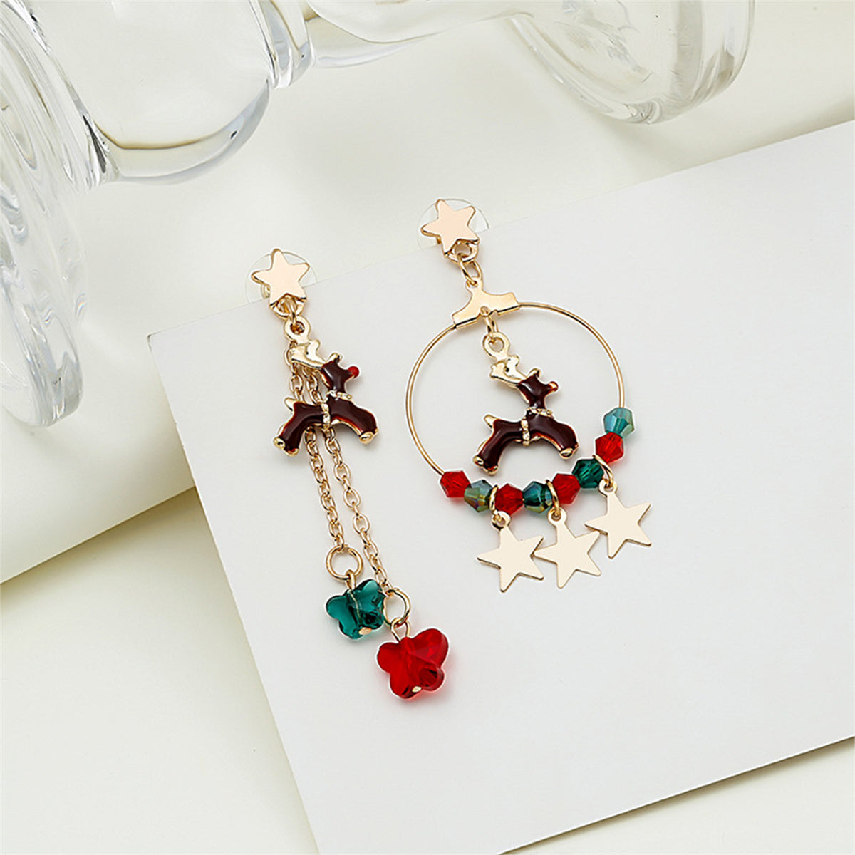 Red Acrylic & 18K Gold-Plated Star & Reindeer Mismatched Drop Earrings