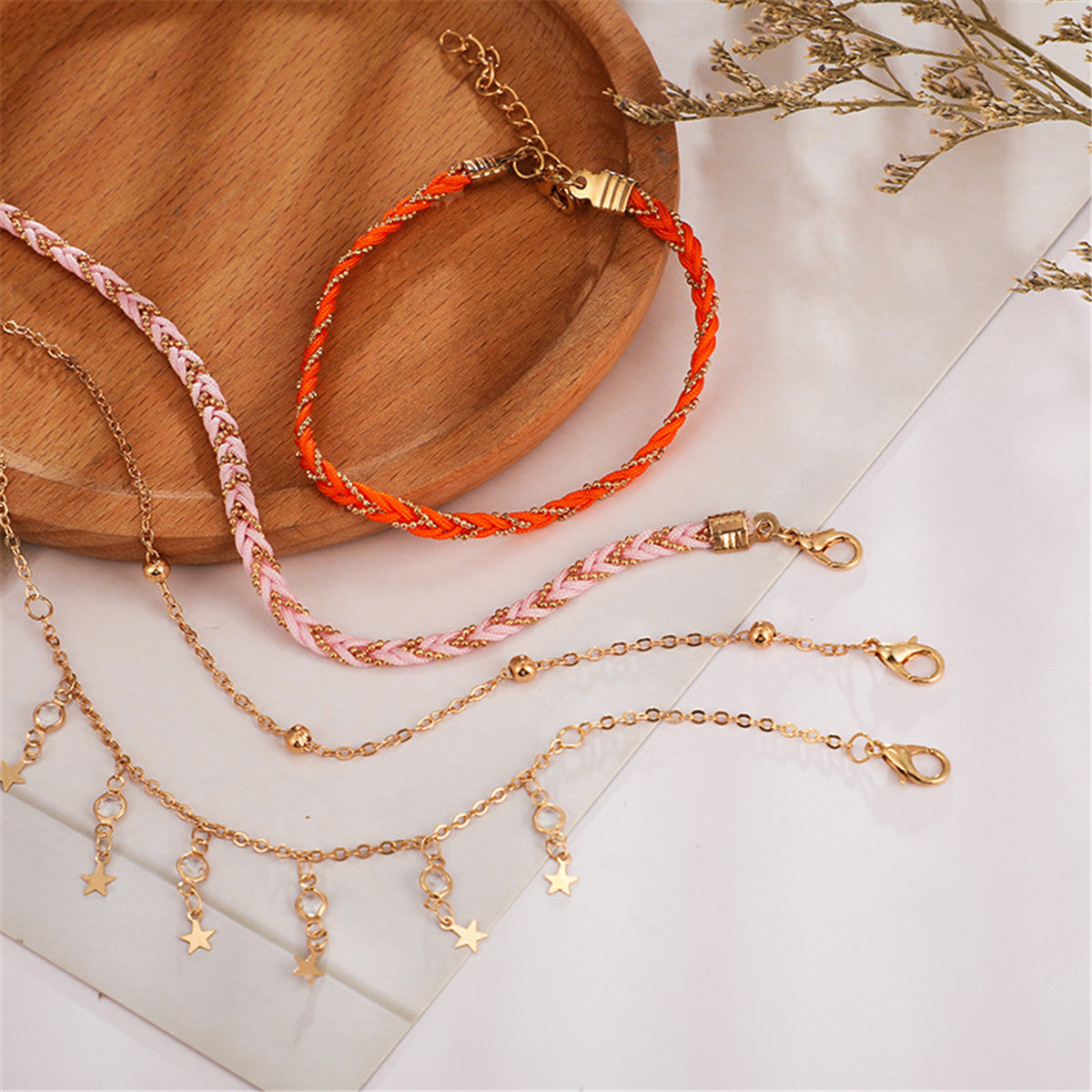 Cubic Zirconia & Orange Star Anklet Set