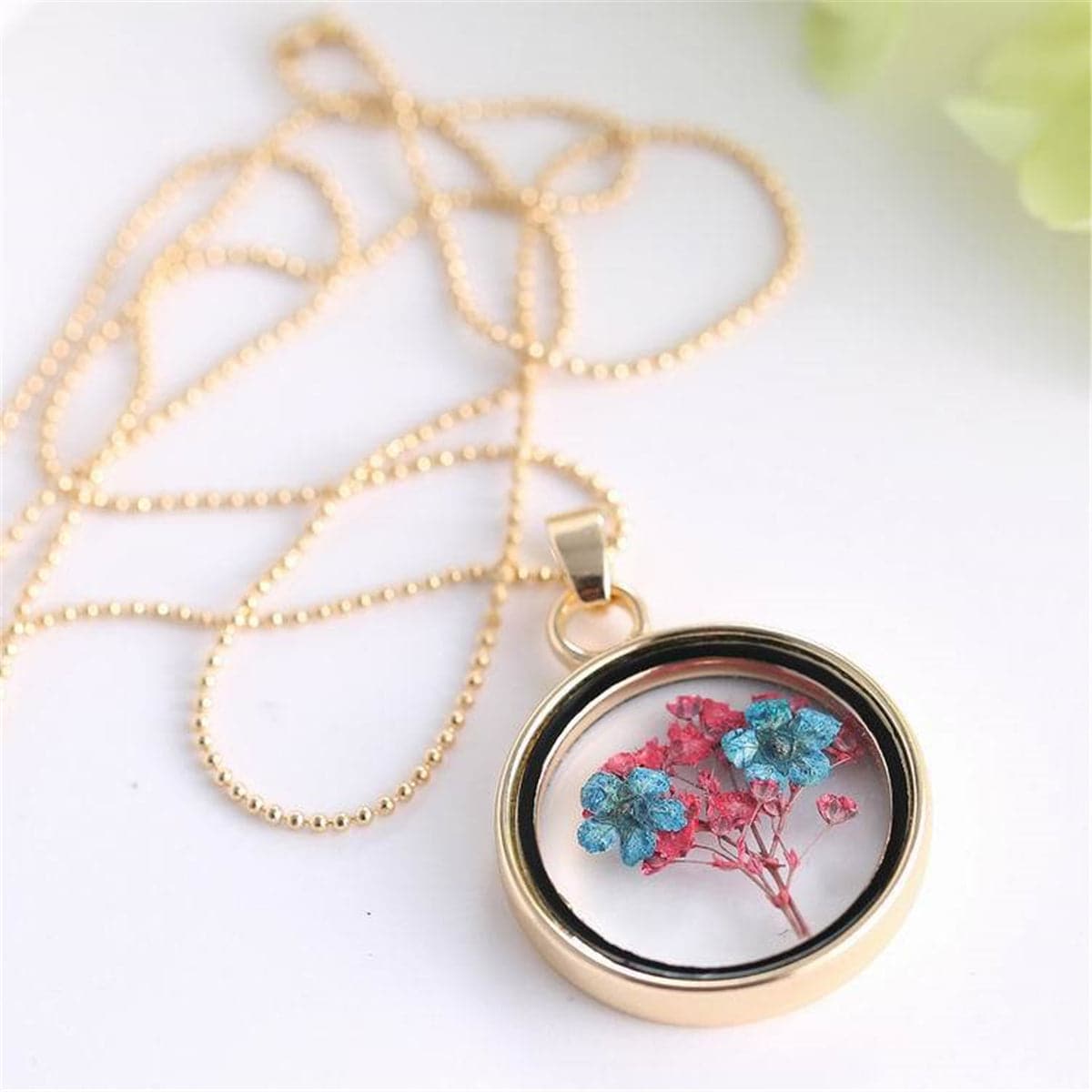 Blue & 18K Gold-Plated Pressed Peach Blossom Round Pendant Necklace