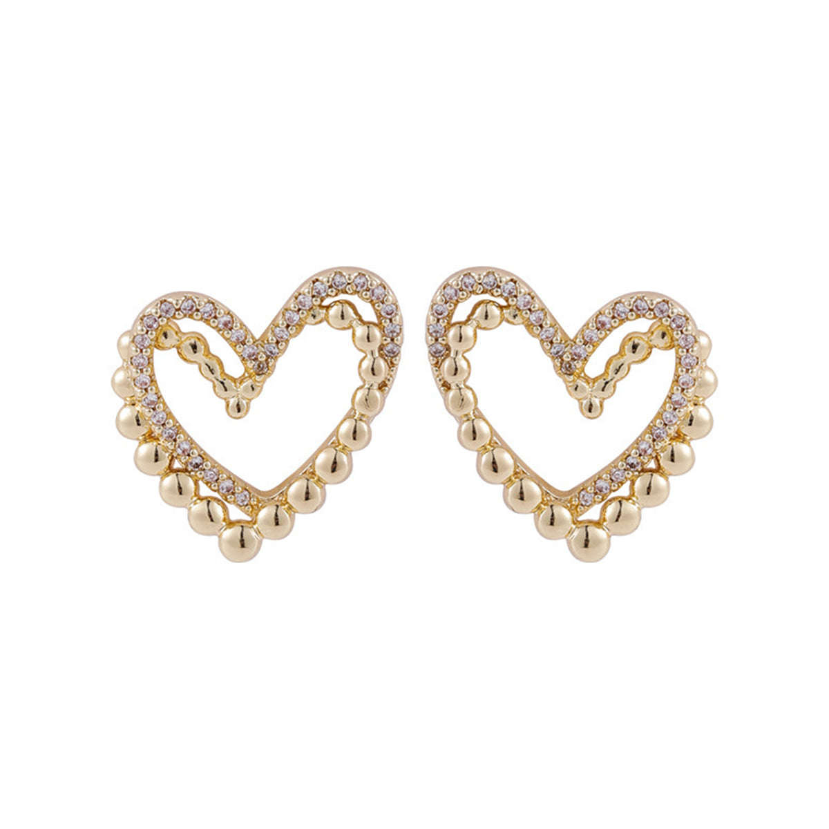 Cubic Zirconia and 18K Gold-Plated Interlocked Openwork Heart Stud Earrings, gold stud earrings for women, front view