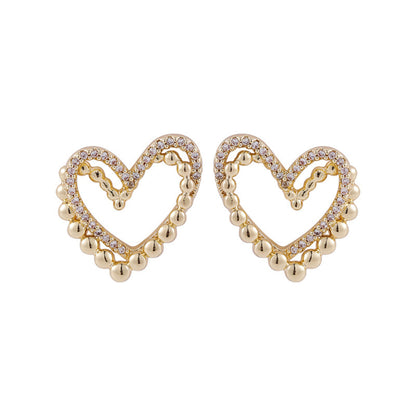 Cubic Zirconia and 18K Gold-Plated Interlocked Openwork Heart Stud Earrings, gold stud earrings for women, front view