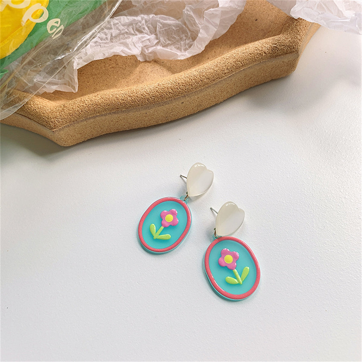 Pink Acrylic & Cat's Eye Silver-Plated Heart Flower Drop Earrings
