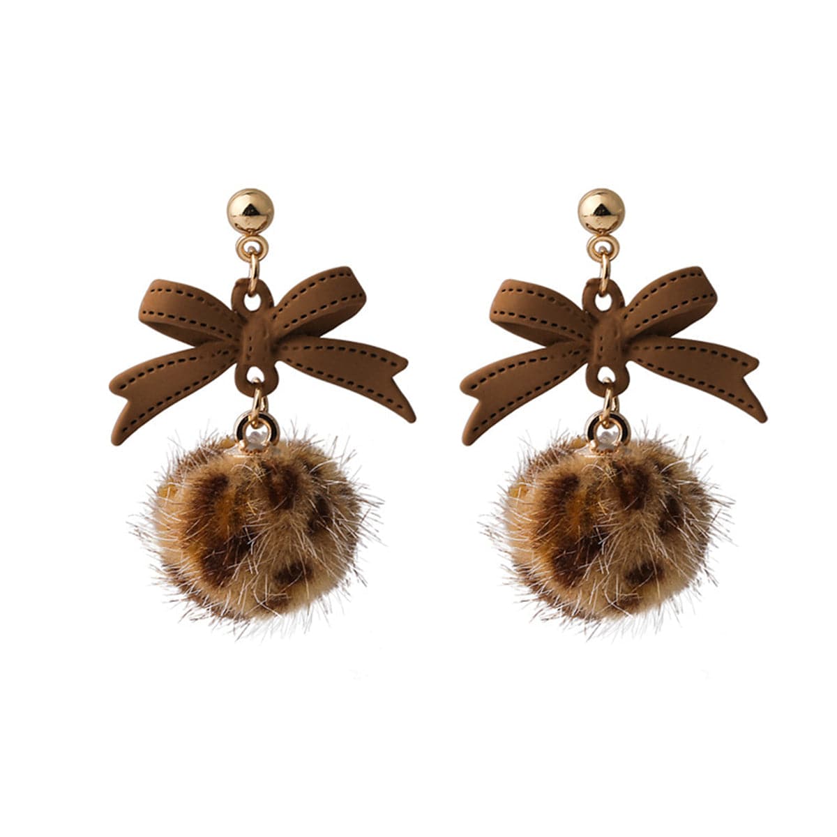 Brown Enamel and Pom-Pom 18K Gold-Plated Leopard Bow Ball Drop Earrings, gold drop earrings for women, front view