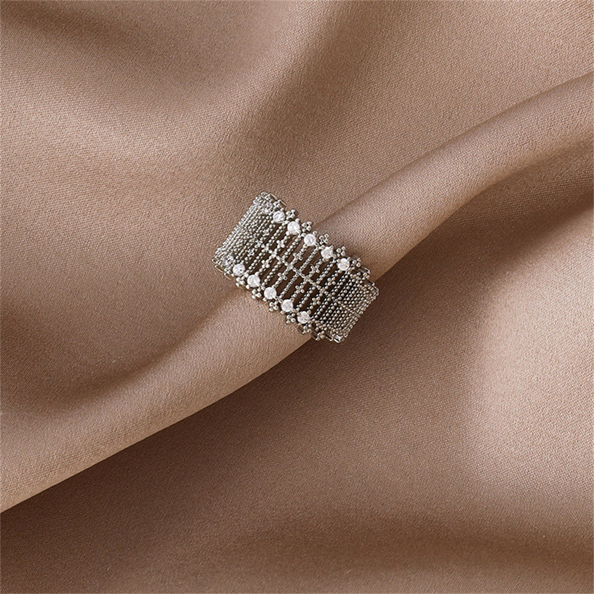 Cubic Zirconia & Silver-Plated Line Adjustable Ring