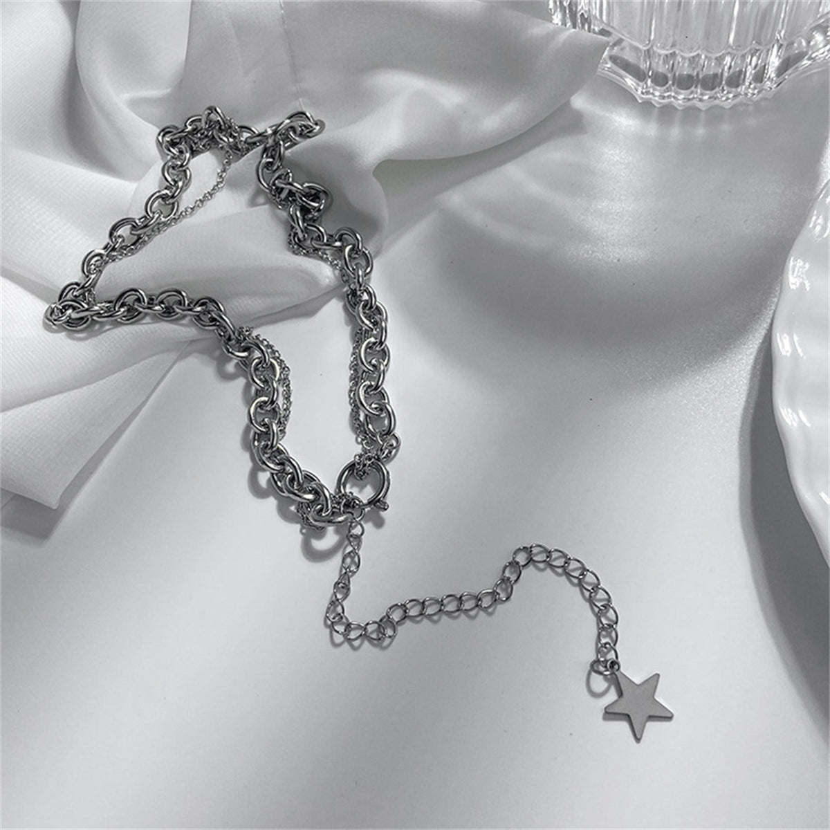 Silver-Plated Star Layered Lariat Necklace, silver pendant necklace for women, vintage-inspired design, styled look