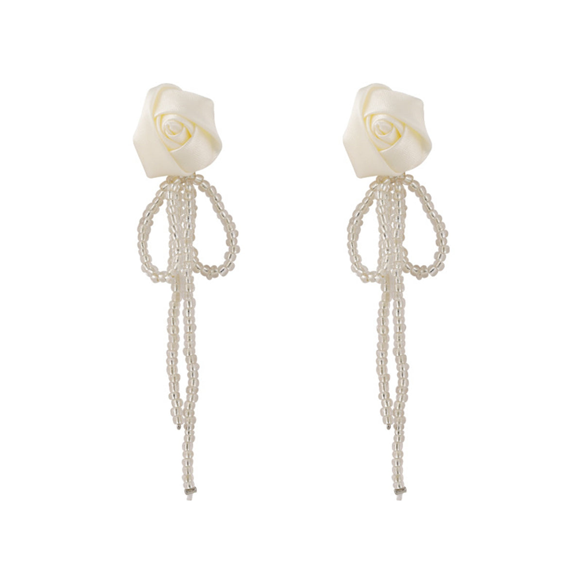 White Textile and Acrylic Rosette Beaded Tassel Drop Earrings, drop earrings for women, elegant gift for her, front view