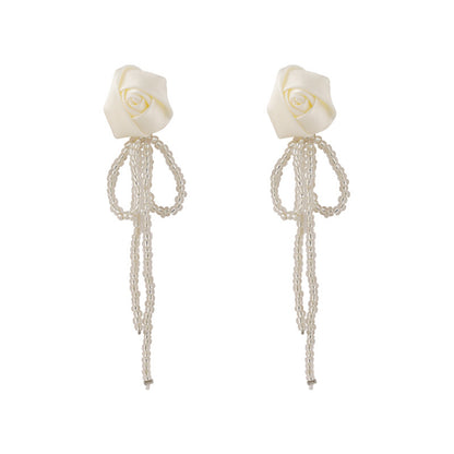 White Textile and Acrylic Rosette Beaded Tassel Drop Earrings, drop earrings for women, elegant gift for her, front view