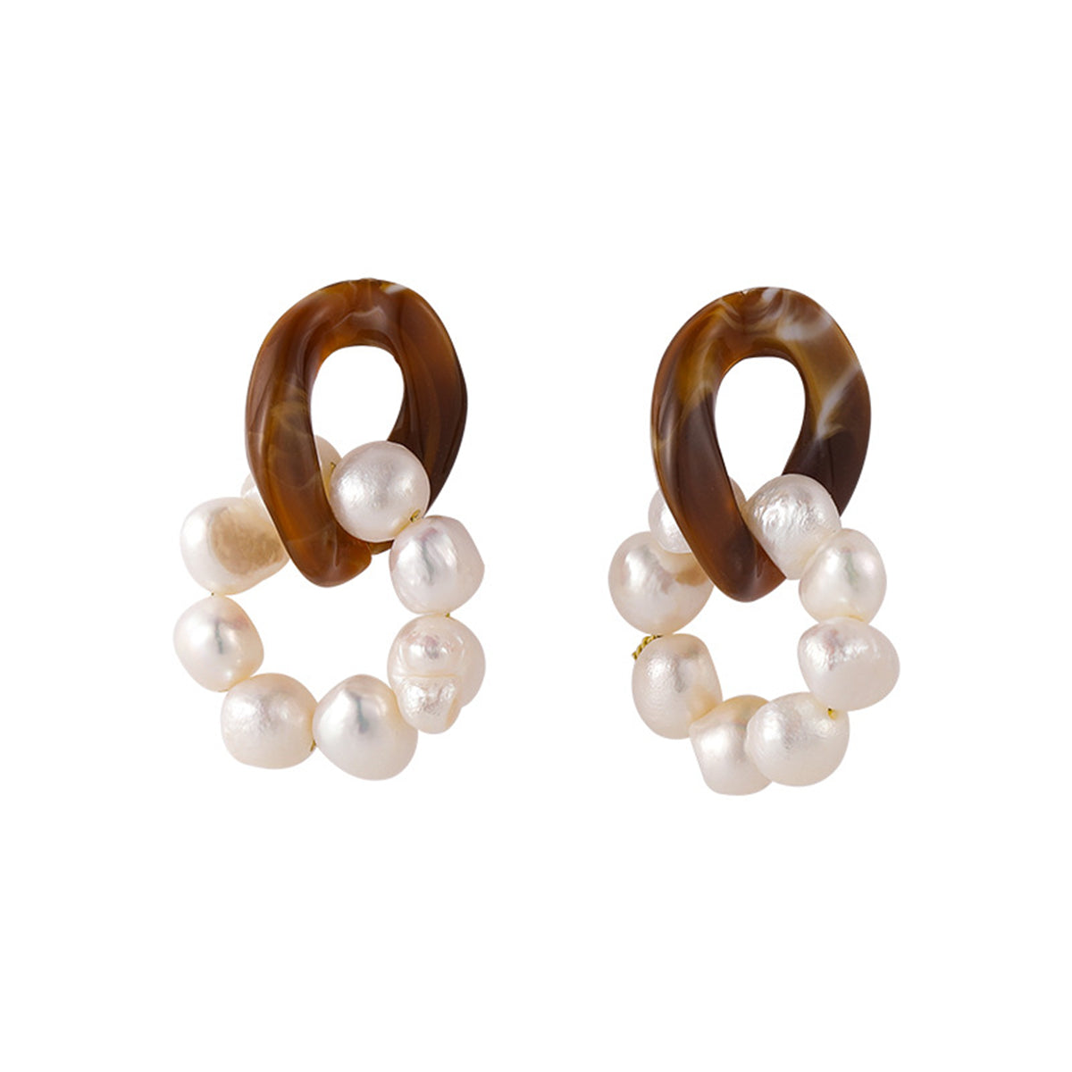 Pearl and Brown Resin Silver-Plated Beaded Drop Earrings, silver drop earrings for women, elegant gift for her, front view