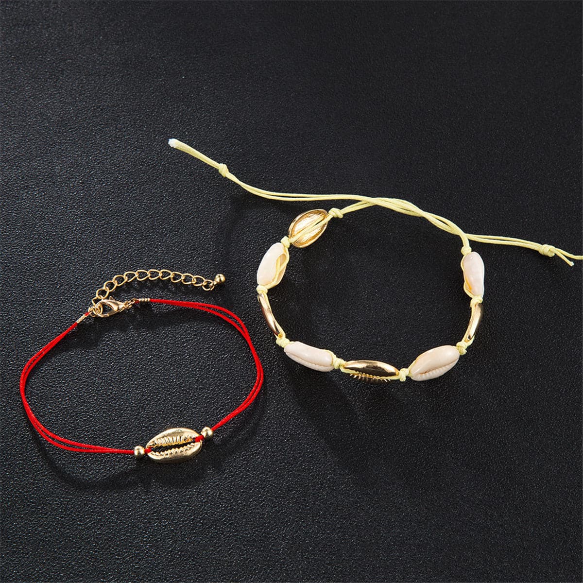 Red & 18K Gold-Plated Seashell Anklet Set