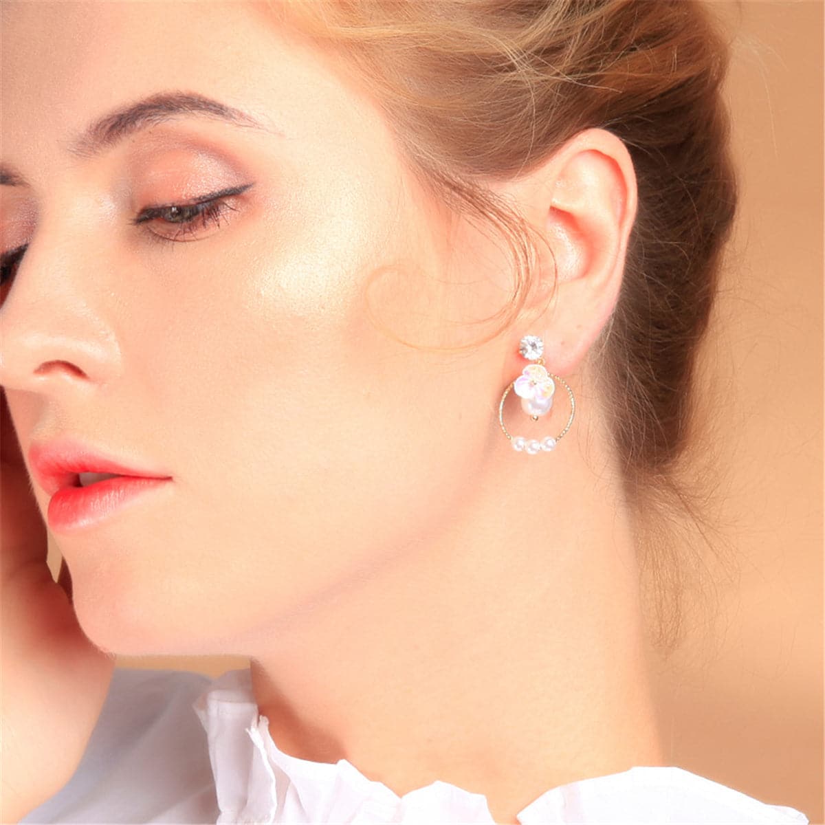 Pearl & Cubic Zirconia 18K Gold-Plated Flower Ring Drop Earrings