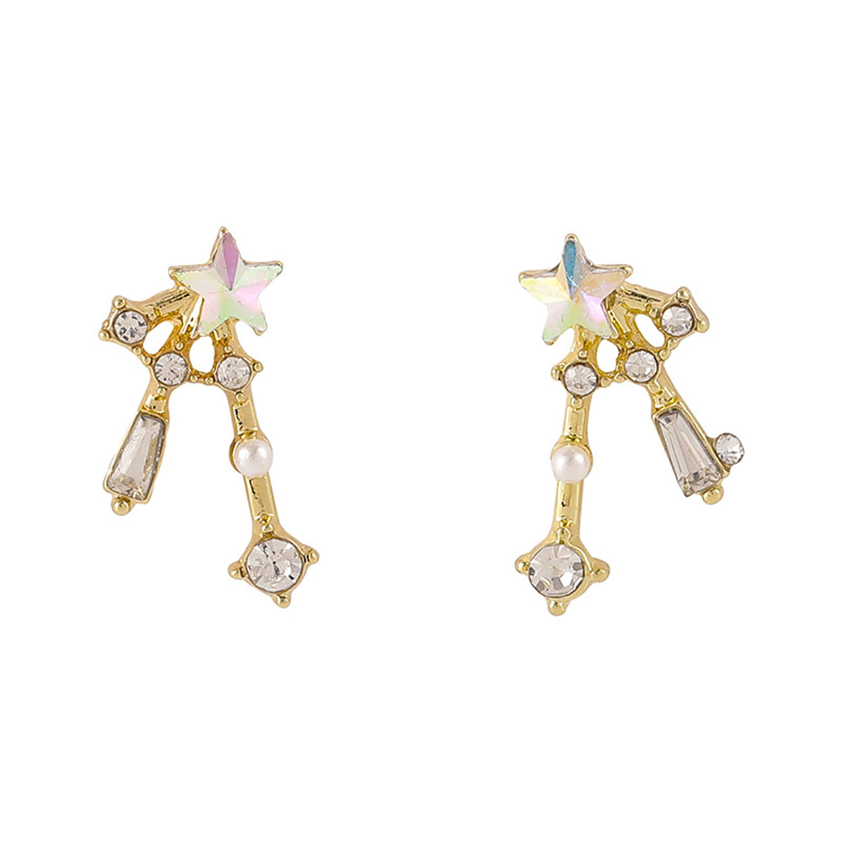Crystal and Pearl 18K Gold-Plated Star Jacket Earrings, gold stud earrings for women, dainty minimalist design, front view