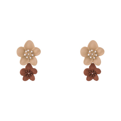 Brown Enamel and Silver-Plated Floral Drop Earrings, silver drop earrings for women, vintage-inspired design, front view