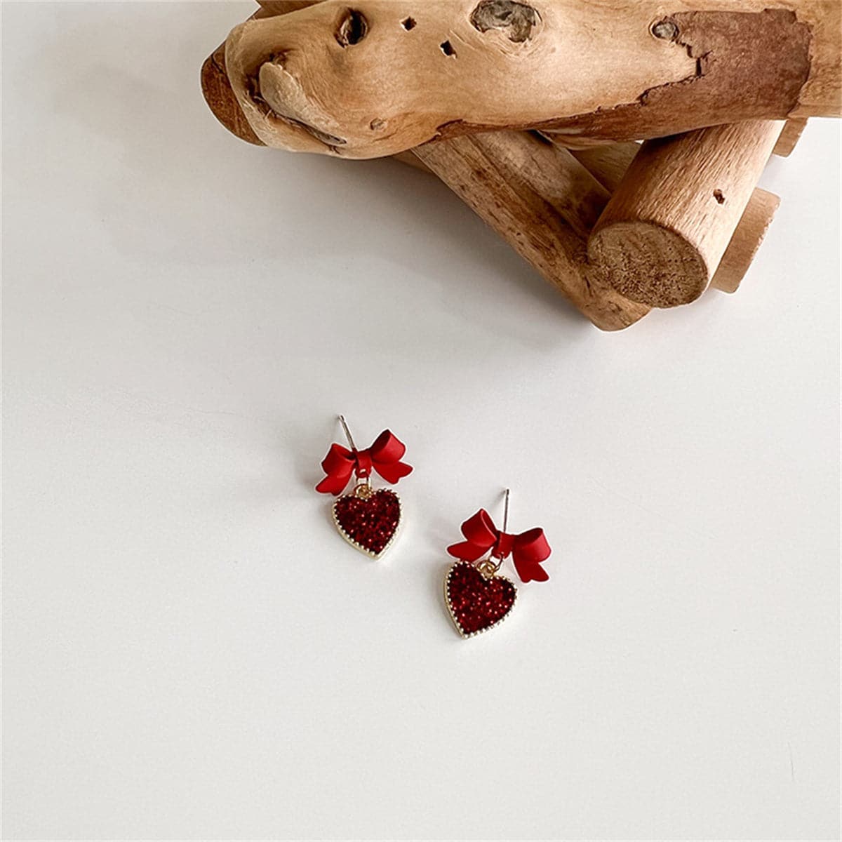 Red Enamel and Cubic Zirconia 18K Gold-Plated Bow Heart Drop Earrings, gold drop earrings for women, detail close-up