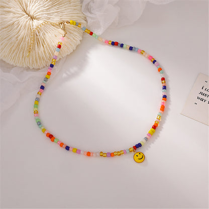 Colored Acrylic Bead and 18K Gold-Plated Smiley Necklace, gold pendant necklace for women, front view