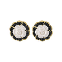 White Resin & Black Enamel 18k Gold-Plated Camellia Stud Earrings