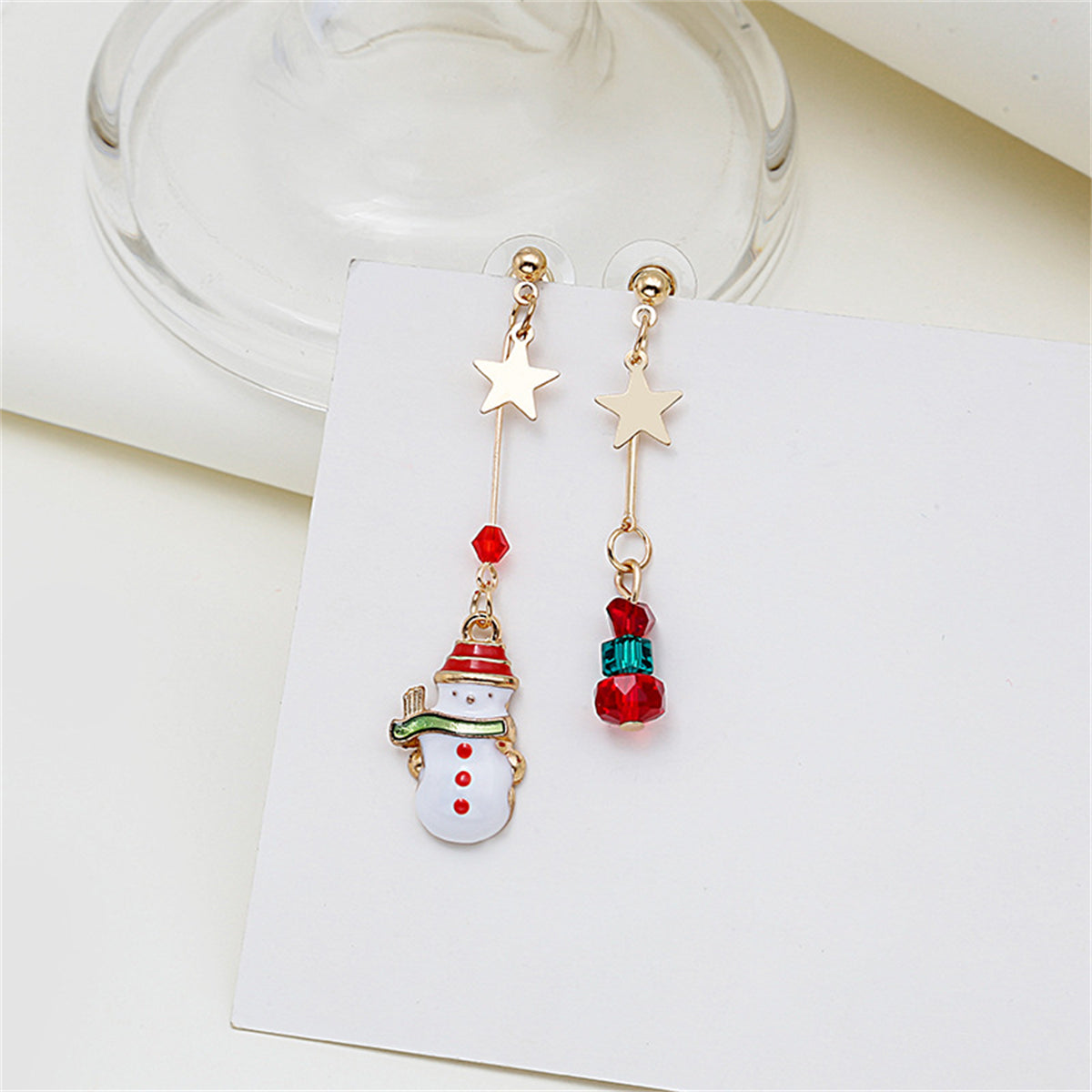 Red Enamel & 18K Gold-Plated Star & Snowman Mismatched Drop Earrings