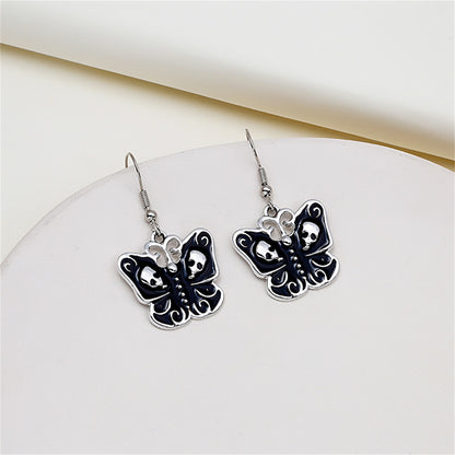 Black and Silver-Plated Skull Butterfly Drop Earrings, silver drop earrings for women, everyday style, front view