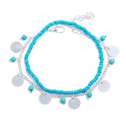 Turquoise Stretch Anklet and Sequin Station Anklet Set, jewelry gift sets for women, vintage-inspired design, lifestyle look