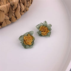 Yellow & Green Chiffon Flower Stud Earrings