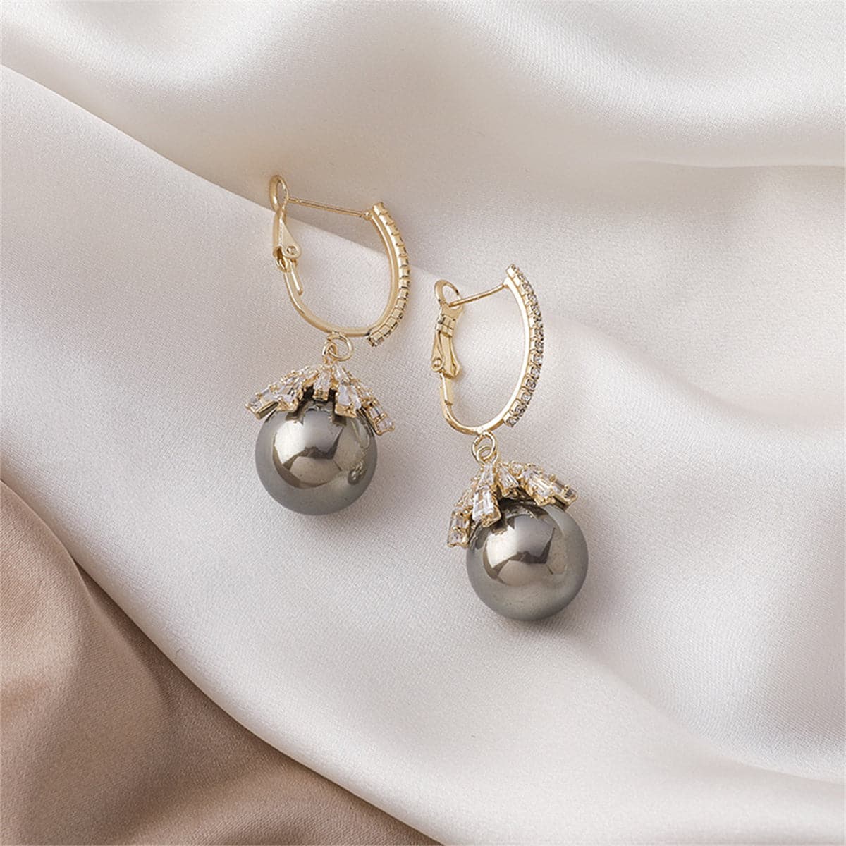 Gray Pearl and Cubic Zirconia 18k Gold-Plated Huggie Earrings, gold huggie earrings, everyday style, side view