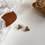 Cubic Zirconia & Tan Faux Leather Leopard Triangle Stud Earrings