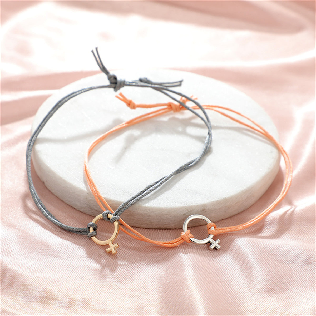 Peach Polyster & Two-Tone Female Symbol Adjustable Bracelet Set