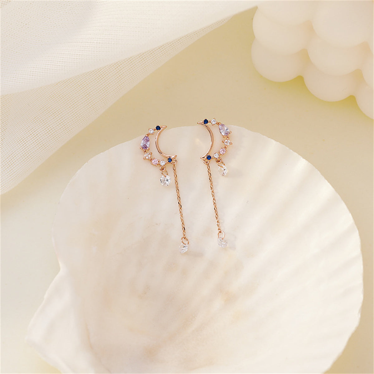 Cubic Zirconia & 18K Gold-Plated Moon Drop Earrings