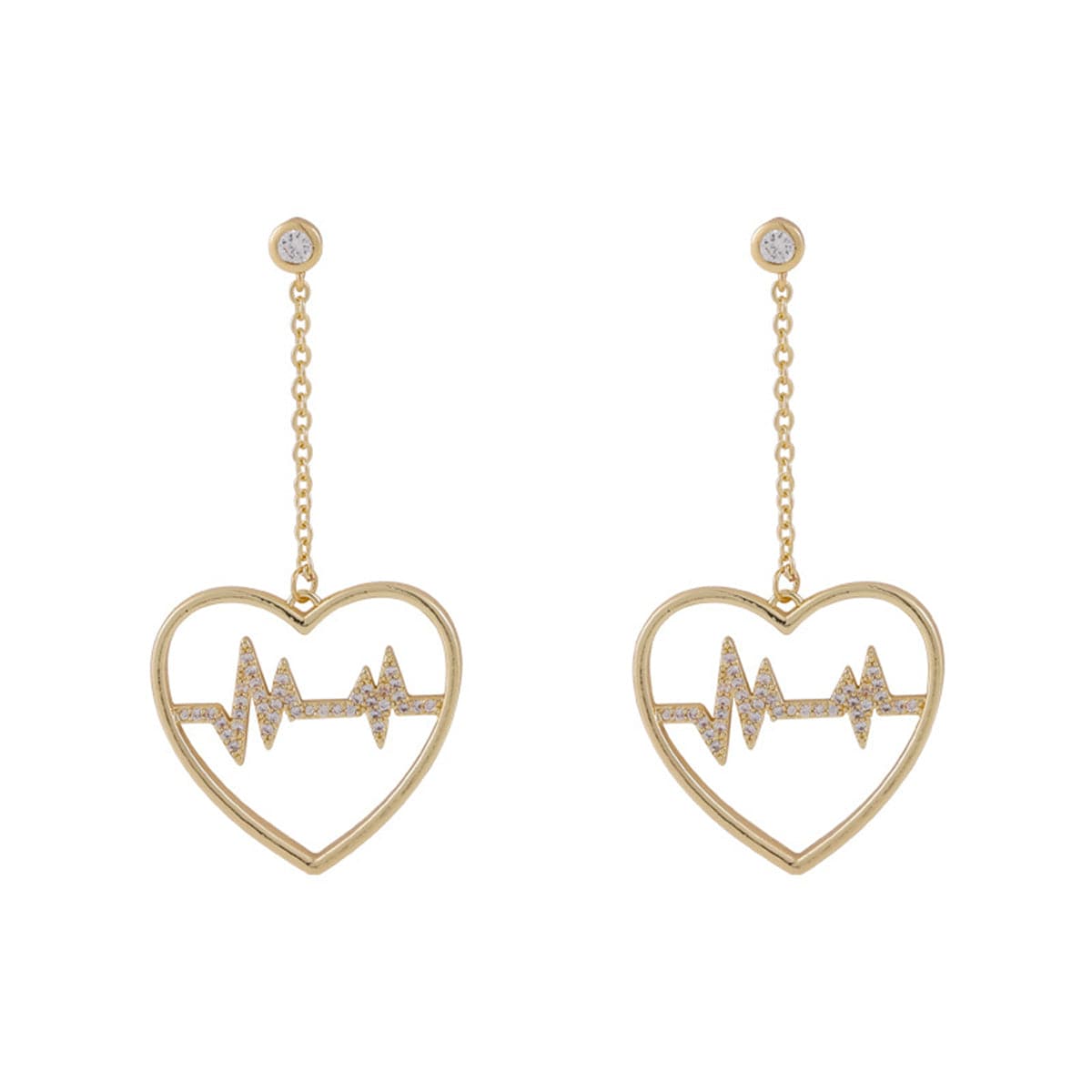 Cubic Zirconia and 18K Gold-Plated Heartbeat Drop Earrings, gold drop earrings for women, vintage-inspired design, front view