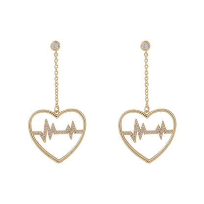 Cubic Zirconia and 18K Gold-Plated Heartbeat Drop Earrings, gold drop earrings for women, vintage-inspired design, front view