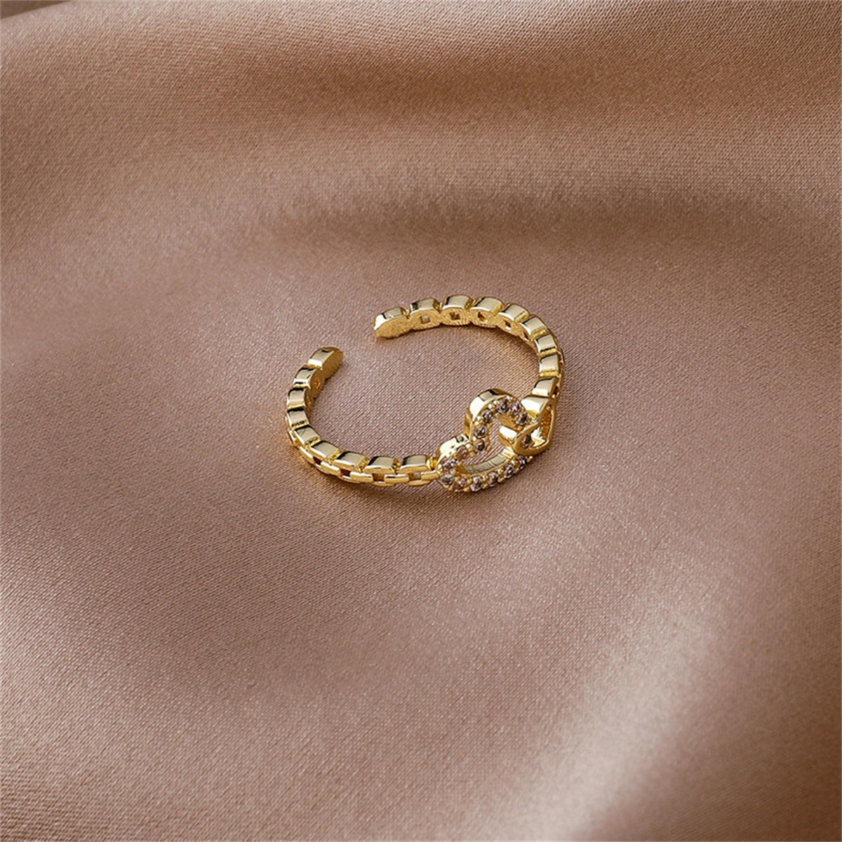 Cubic Zirconia and 18K Gold-Plated Pavé Interlocked Open Heart Chain Ring, gold statement rings for women, styled look